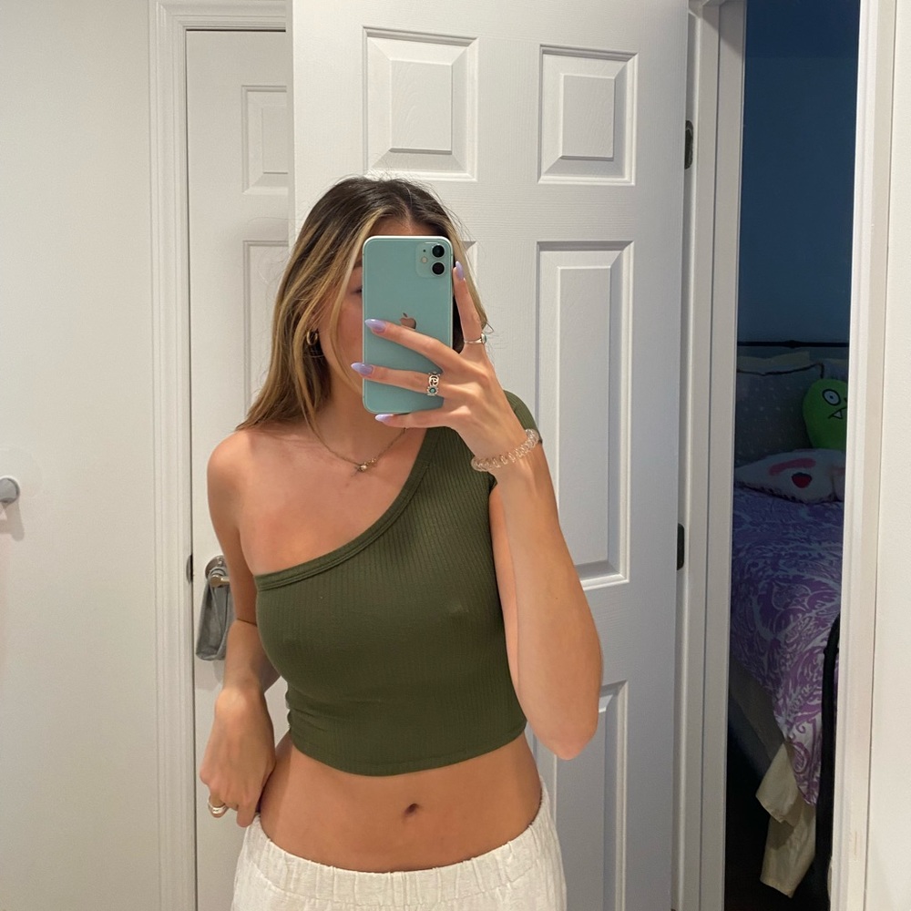 LF forest green ribbed one shoulder crop top